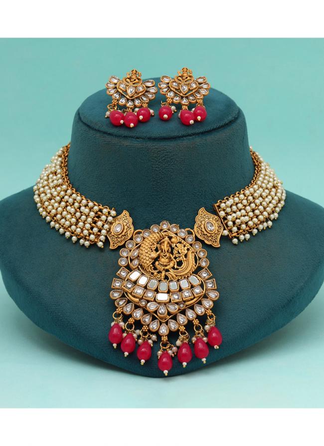   Wedding Wear  Rani Color Matte Gold Rajwadi Temple Necklace Set